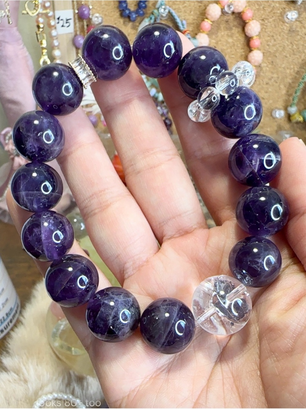 7.25 inch Amethyst Beaded Bracelet with Clear Quartz 14.4-15.7 mm